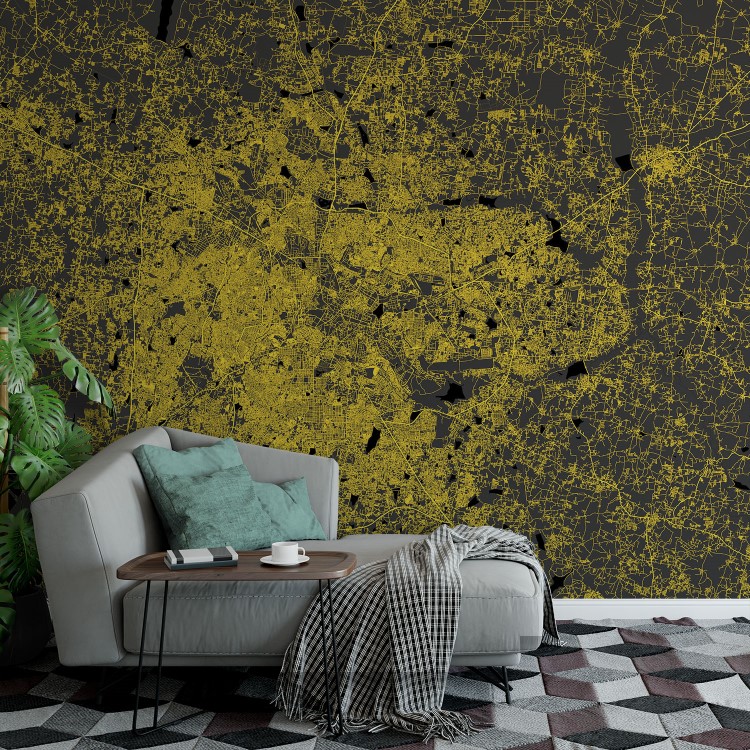 Bangalore Map Wall Mural Modern black yellow, Mural Wallpaper, PVC Free, NonToxic Framed