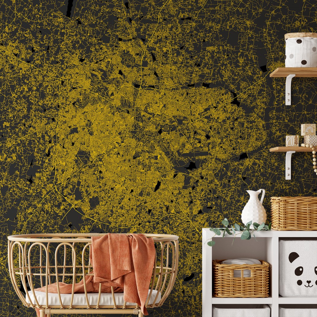Bangalore Map Wall Mural Modern black yellow, Mural Wallpaper, PVC Free, NonToxic Framed